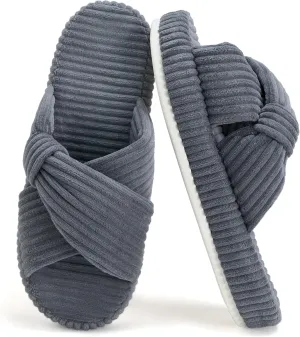Women's House Slippers Corduroy Indoor Slippers Memory Foam Bedroom Open Toe Slippers Cross Band House Shoes