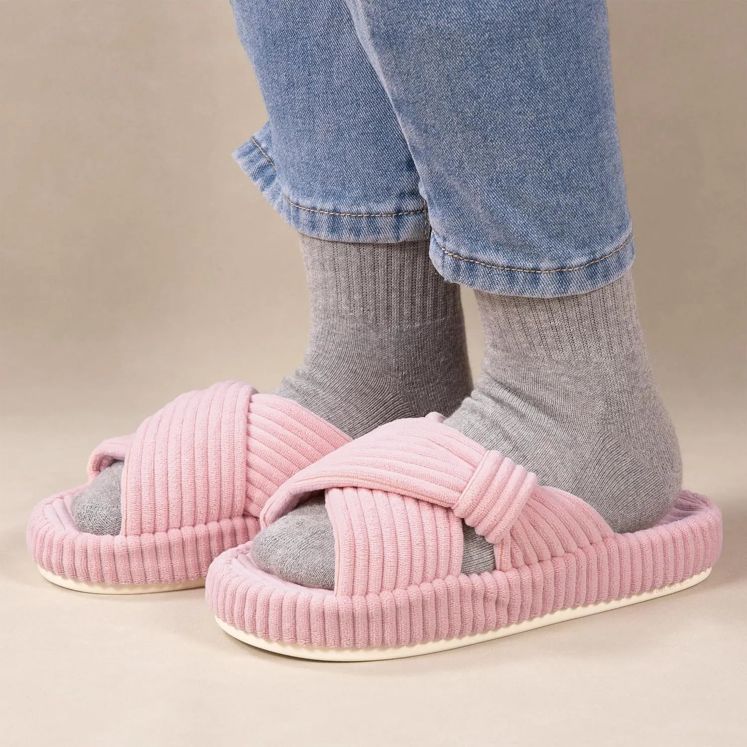Women's House Slippers Corduroy Indoor Slippers Memory Foam Bedroom Open Toe Slippers Cross Band House Shoes