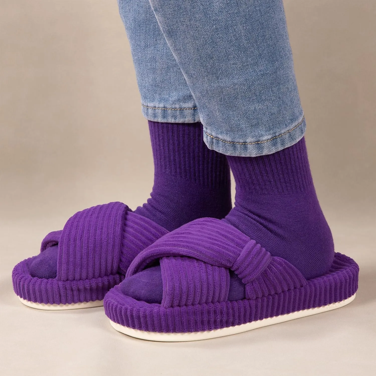 Women's House Slippers Corduroy Indoor Slippers Memory Foam Bedroom Open Toe Slippers Cross Band House Shoes