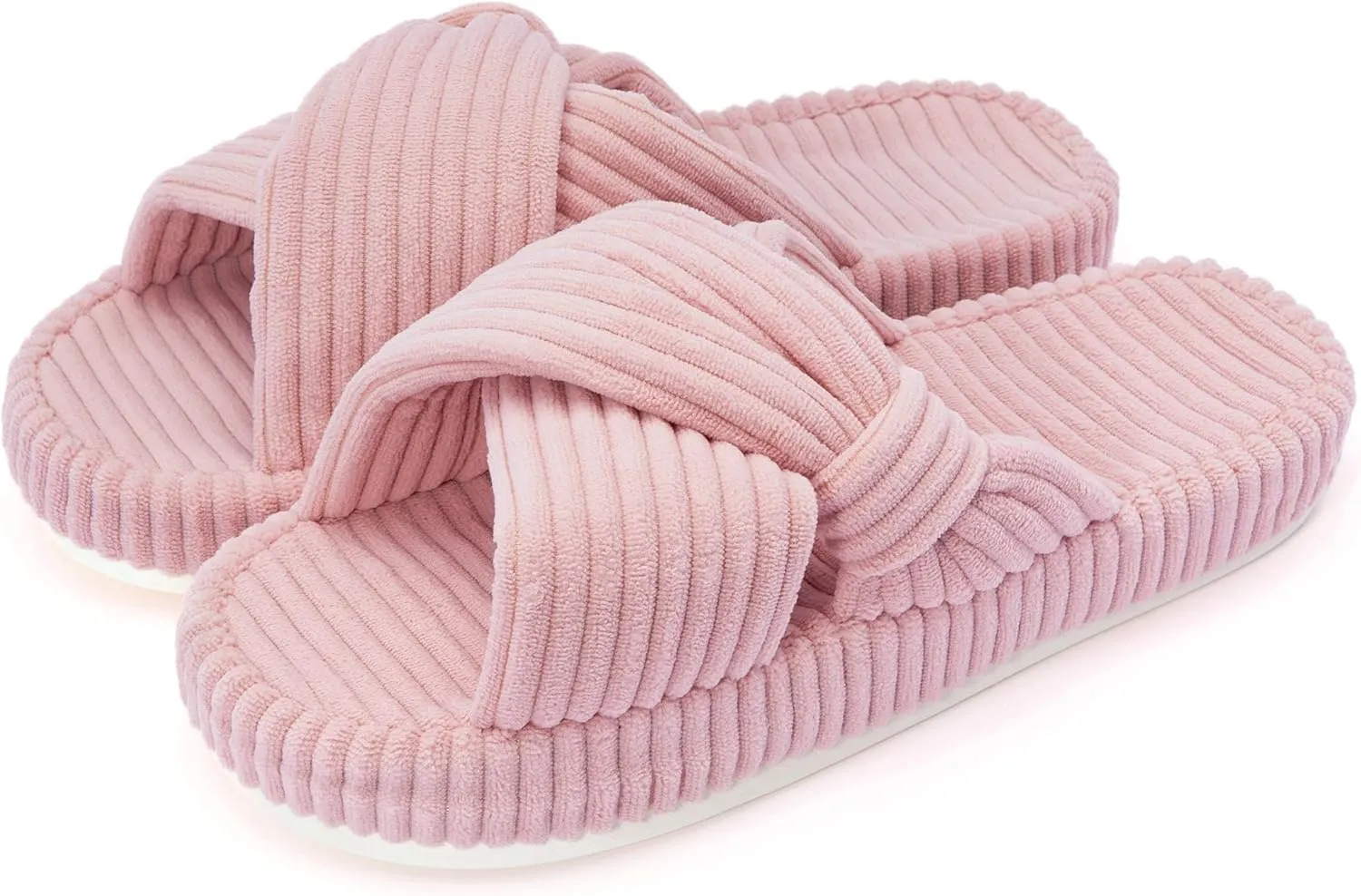Women's House Slippers Corduroy Indoor Slippers Memory Foam Bedroom Open Toe Slippers Cross Band House Shoes