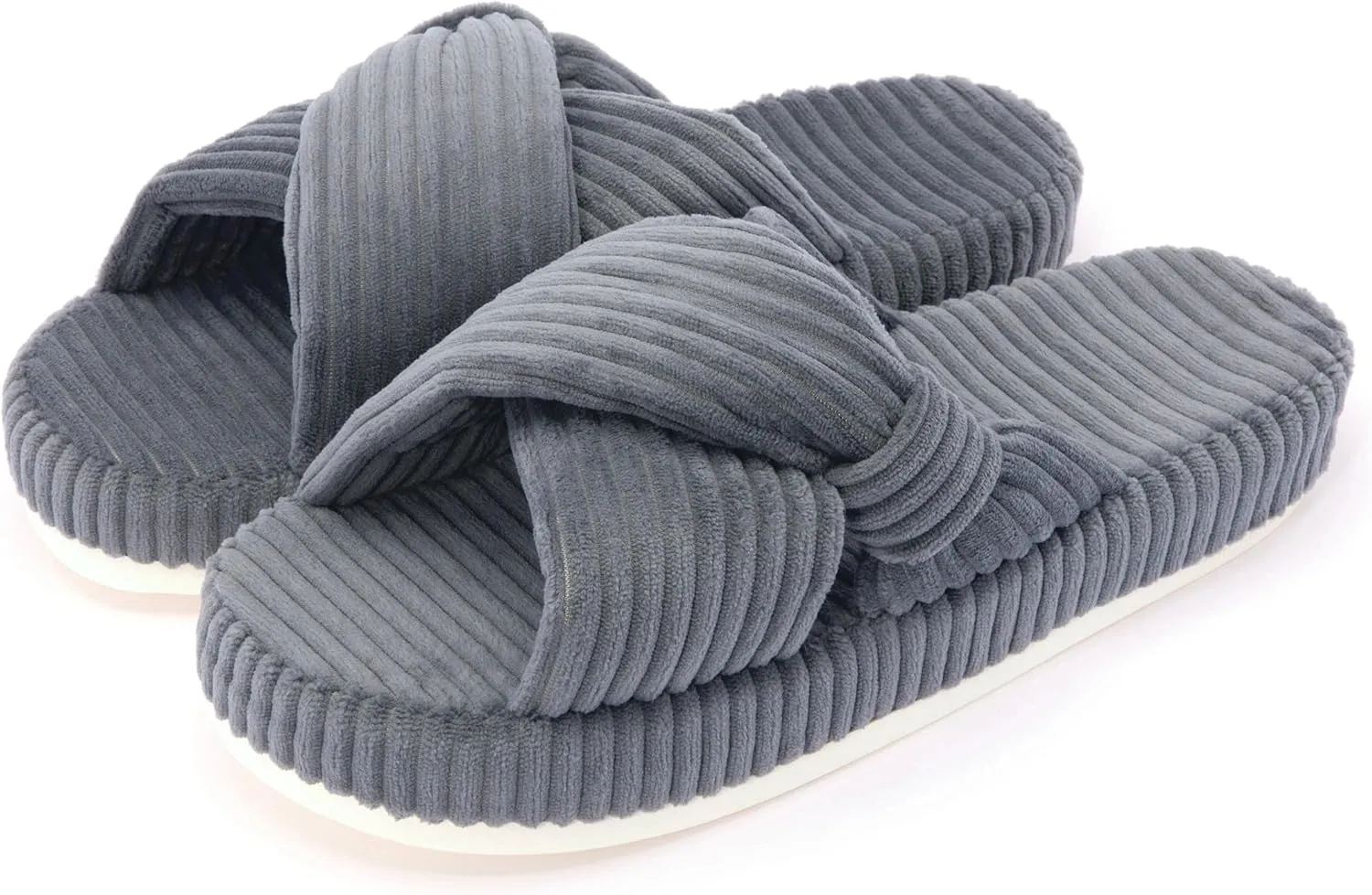 Women's House Slippers Corduroy Indoor Slippers Memory Foam Bedroom Open Toe Slippers Cross Band House Shoes