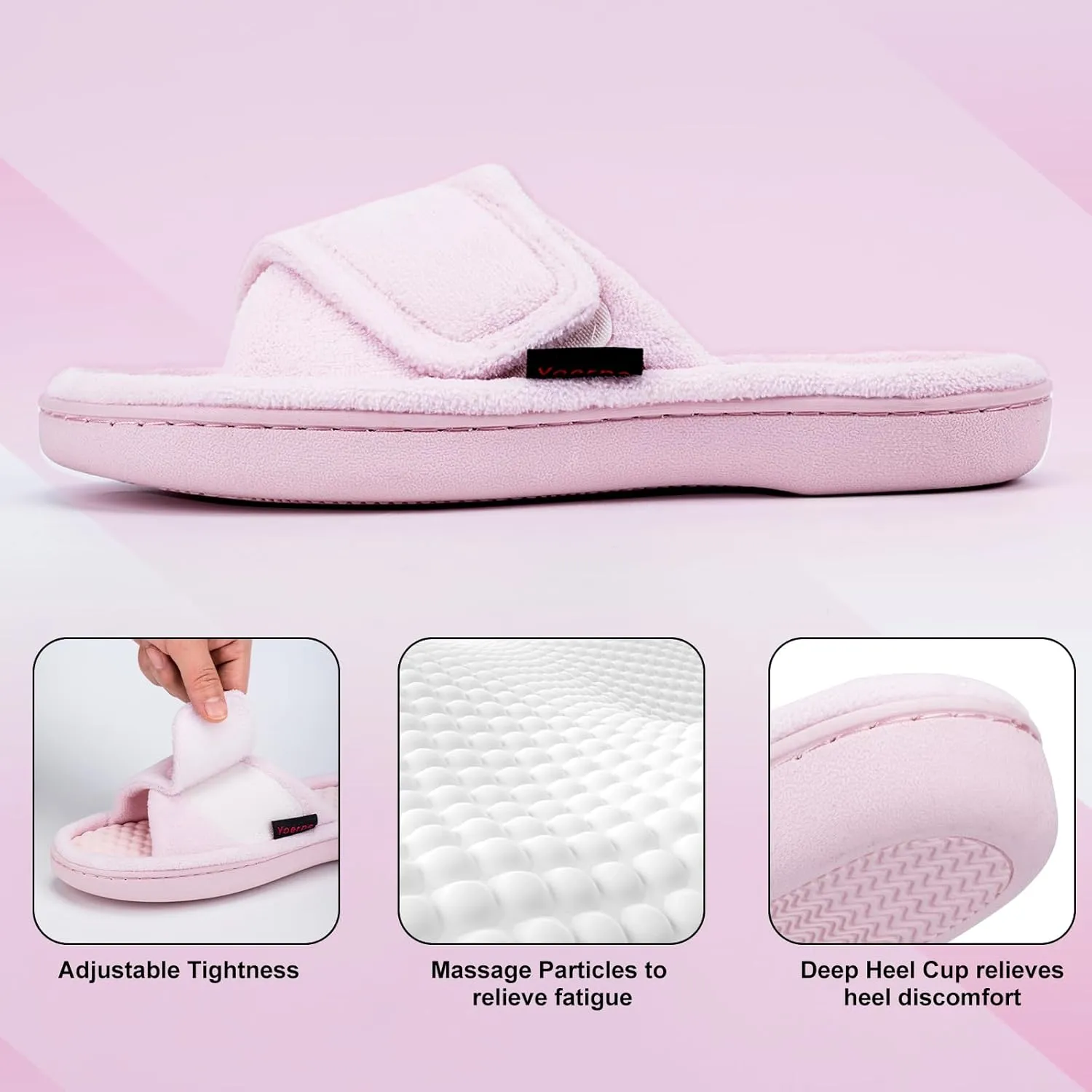 Women’s House Slippers with Memory Foam, Adjustable Open Toe Indoor Outdoor Slippers for Women, Non Slip Washable Fuzzy Home Shoes with Massage Beads