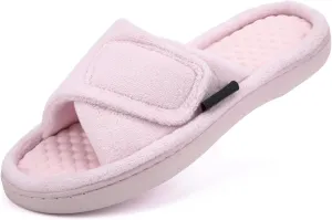 Women’s House Slippers with Memory Foam, Adjustable Open Toe Indoor Outdoor Slippers for Women, Non Slip Washable Fuzzy Home Shoes with Massage Beads
