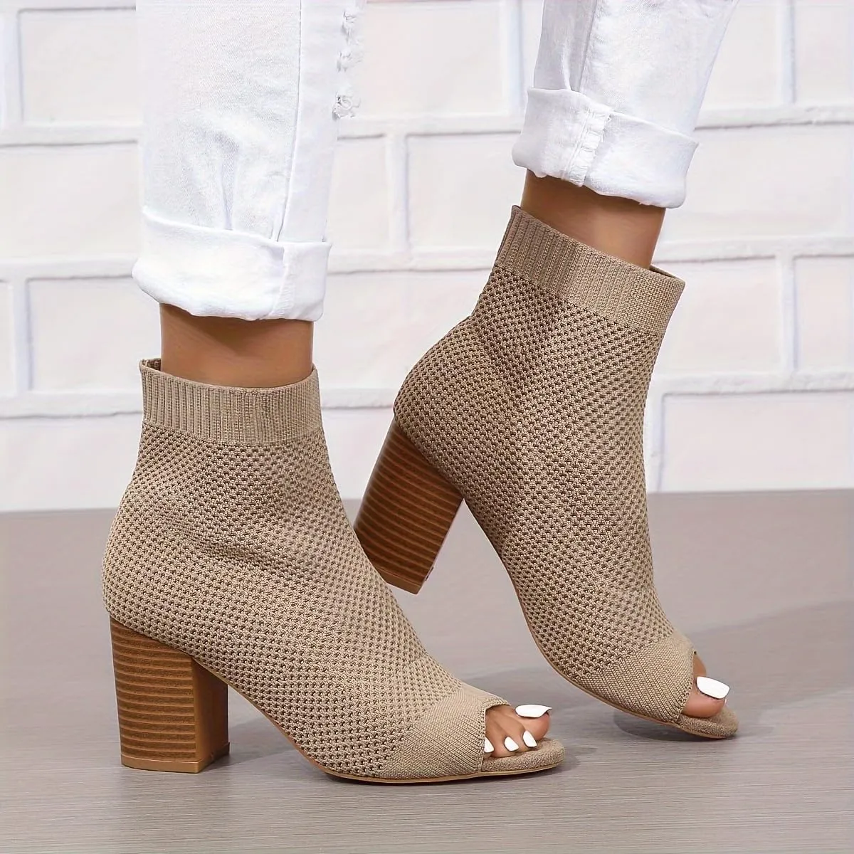 Women's Knit Peep Toe Slingback Chunky Heel Ankle Boots Open Pointed Toe Hollow Heeled Sandals Summer Casual Slip On Dress Sock Booties On Party Prom Dress Shoes