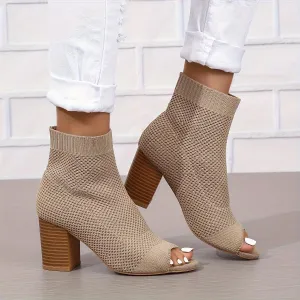 Women's Knit Peep Toe Slingback Chunky Heel Ankle Boots Open Pointed Toe Hollow Heeled Sandals Summer Casual Slip On Dress Sock Booties On Party Prom Dress Shoes