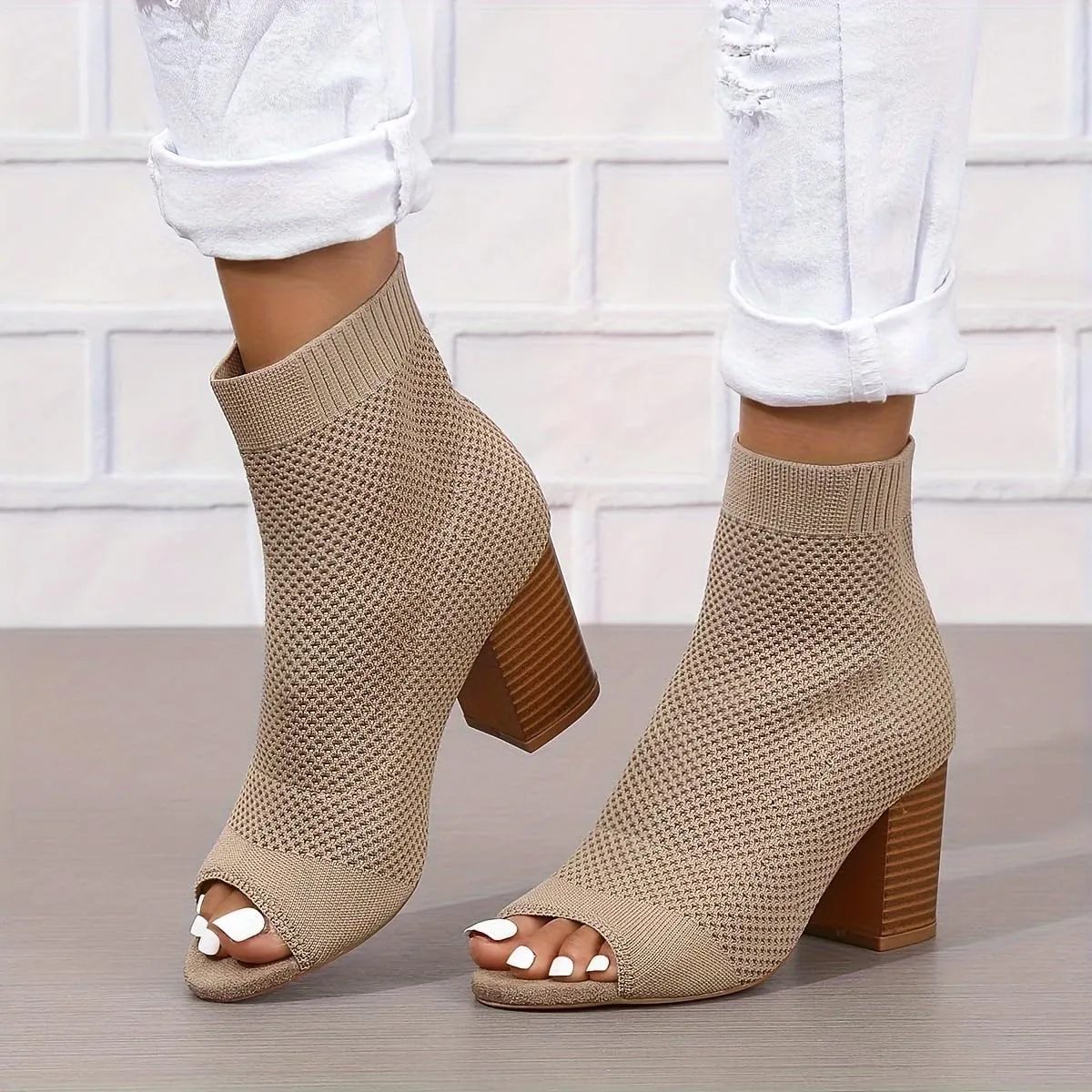 Women's Knit Peep Toe Slingback Chunky Heel Ankle Boots Open Pointed Toe Hollow Heeled Sandals Summer Casual Slip On Dress Sock Booties On Party Prom Dress Shoes