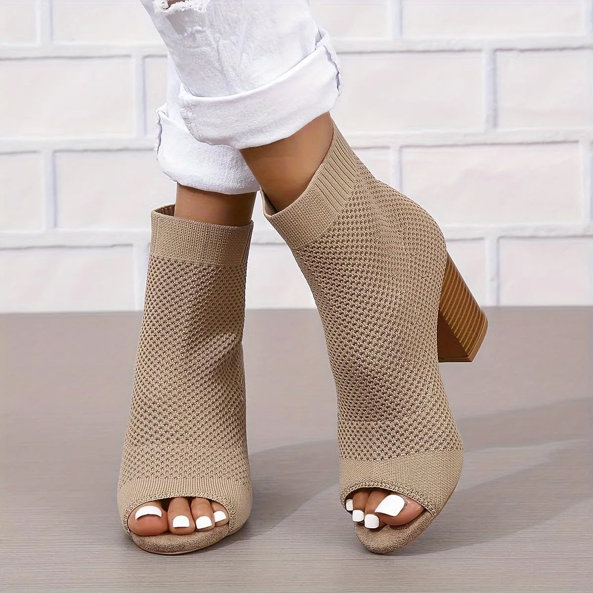 Women's Knit Peep Toe Slingback Chunky Heel Ankle Boots Open Pointed Toe Hollow Heeled Sandals Summer Casual Slip On Dress Sock Booties On Party Prom Dress Shoes