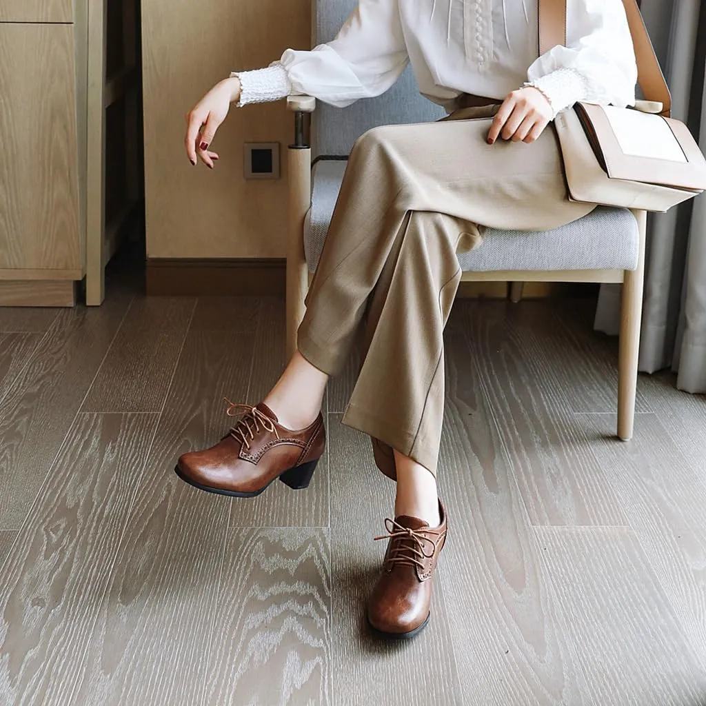 Women's Lace Up Wingtip Oxfords Pumps Block Mid Heel Round Toe Perforated Vintage Brogues Dress Shoes