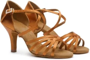 Women's Latin Dancing Shoes Leather Sandals Ballroom Salsa Practice Performance 216, Tan, 4.5-11