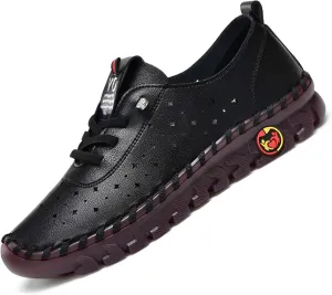 Women's Leather Soft Bottom Flat Shoes, Handmade Cowhide Loafers Breathable Non-Slip Comfort Orthopedic Walking Shoes