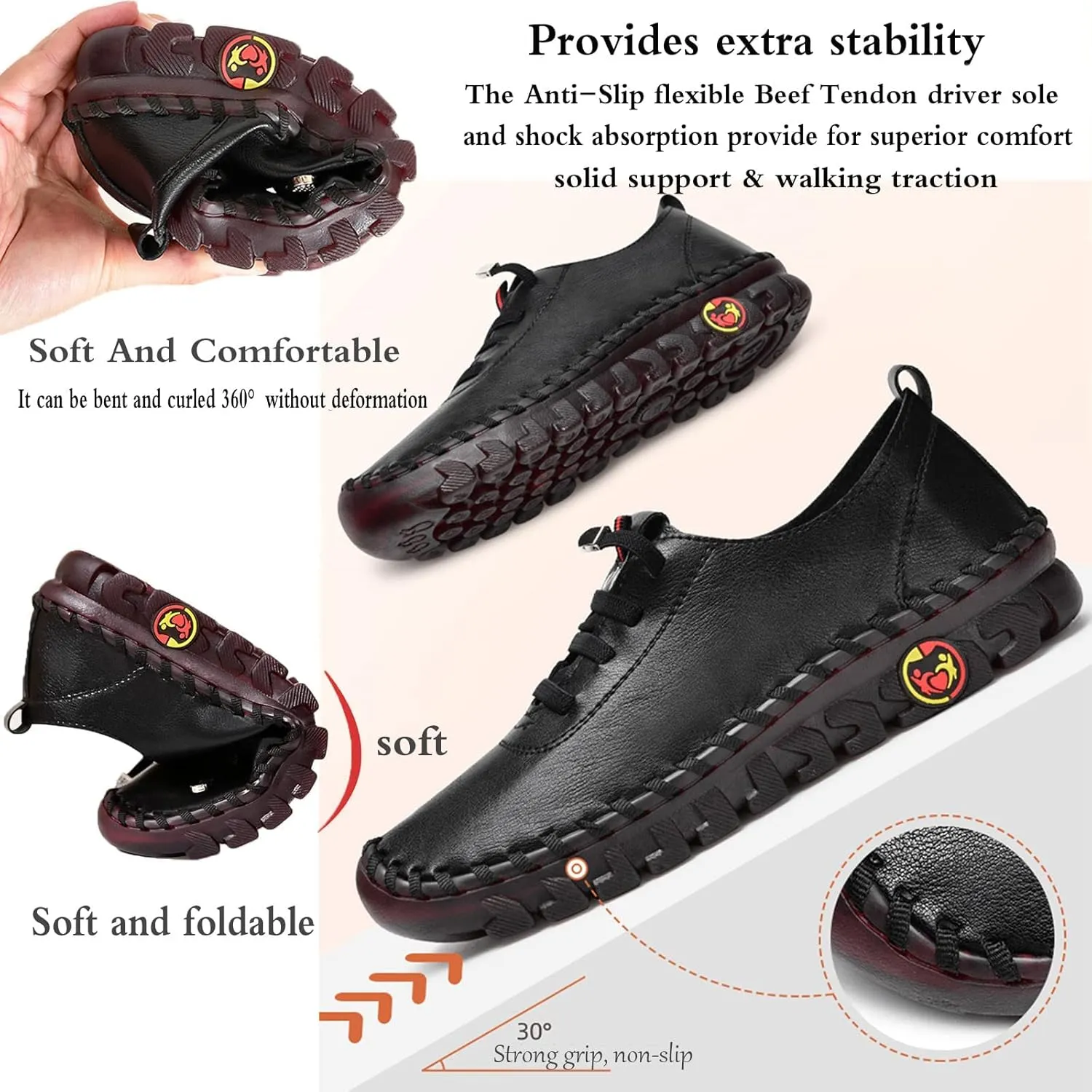Women's Leather Soft Bottom Flat Shoes, Handmade Cowhide Loafers Breathable Non-Slip Comfort Orthopedic Walking Shoes