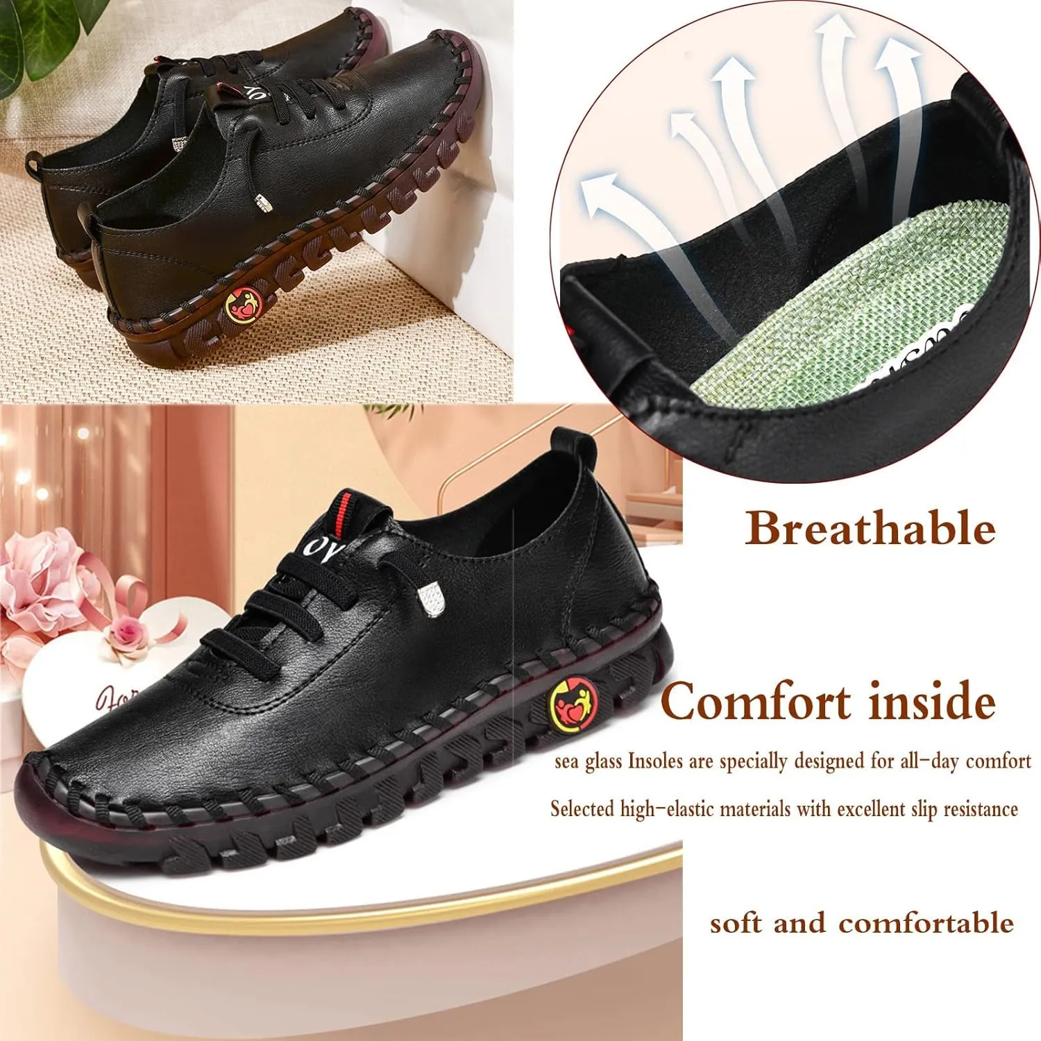 Women's Leather Soft Bottom Flat Shoes, Handmade Cowhide Loafers Breathable Non-Slip Comfort Orthopedic Walking Shoes
