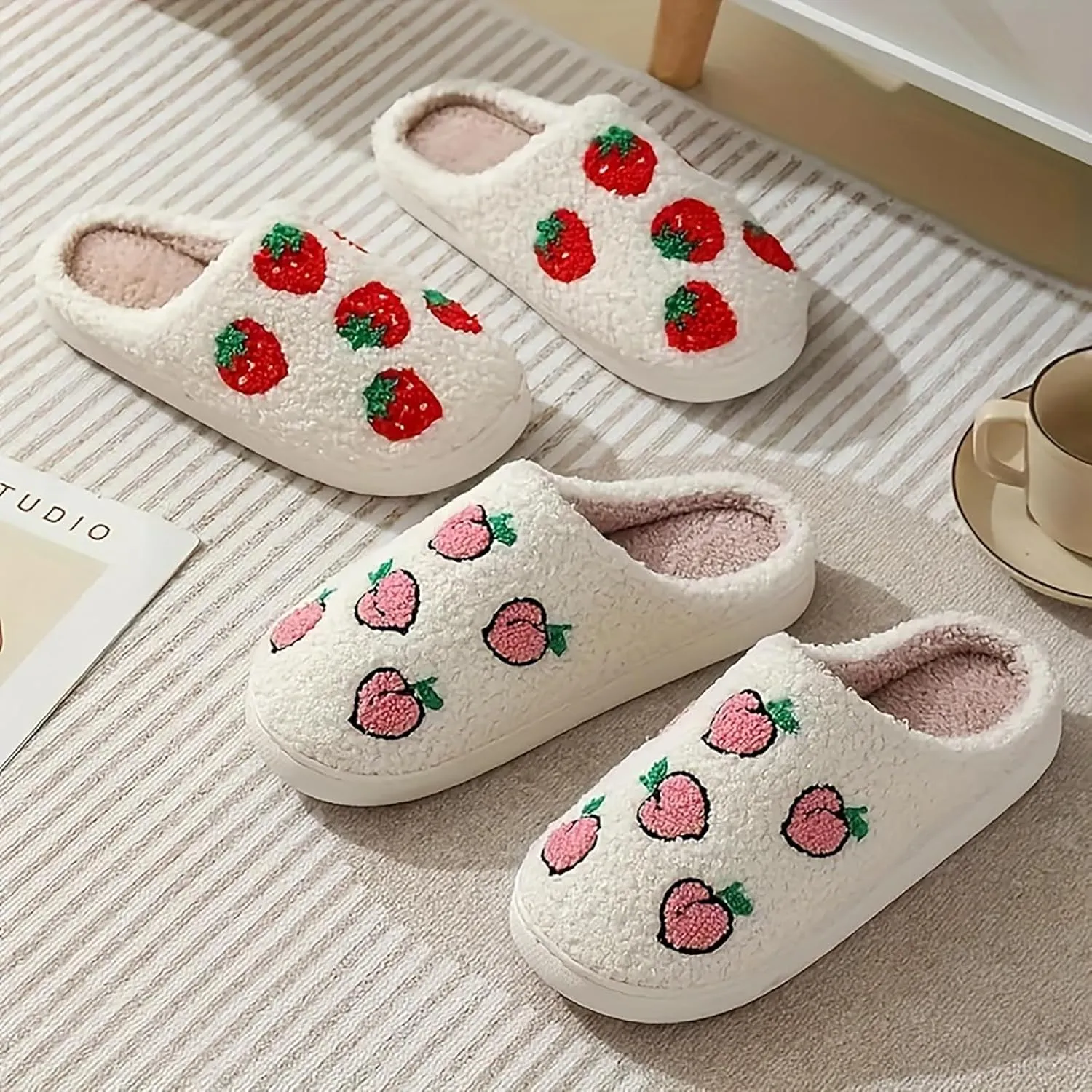 Women's Men's Cute Fuzzy Heart Slippers Memory Foam Fluffy Couple Slippers Cozy House Indoor Outdoor Shoes