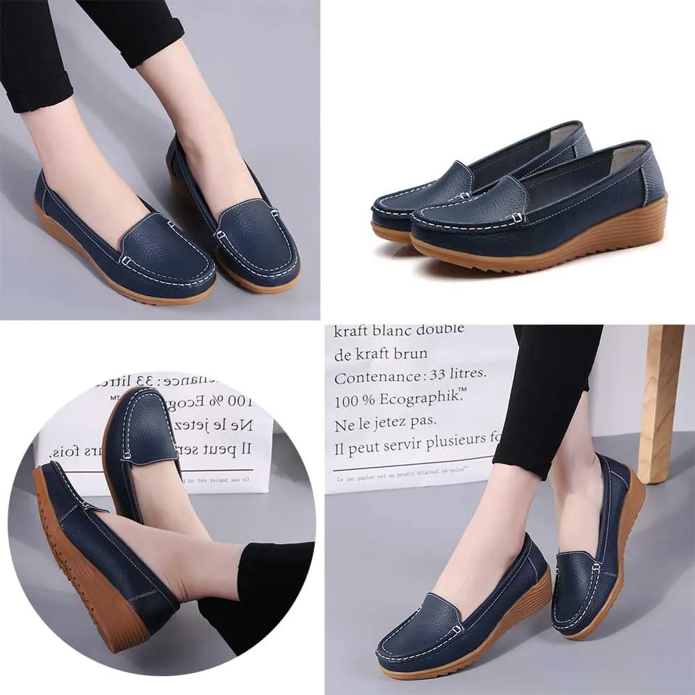 Women's Non Slip Nursing Shoes Leather Comfortable Slip on Flat Shoes Loafers for Restaurant Work