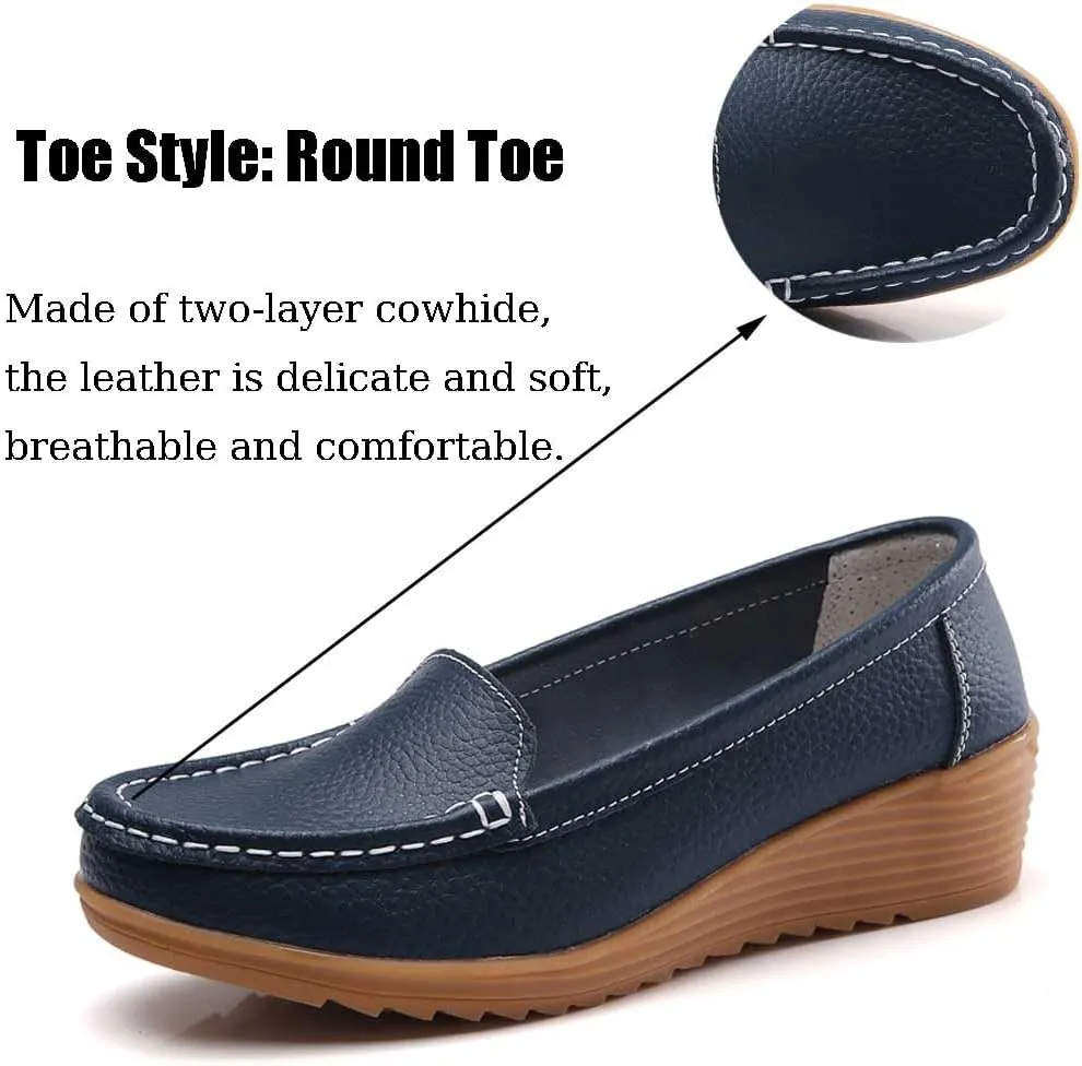Women's Non Slip Nursing Shoes Leather Comfortable Slip on Flat Shoes Loafers for Restaurant Work
