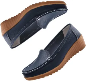 Women's Non Slip Nursing Shoes Leather Comfortable Slip on Flat Shoes Loafers for Restaurant Work
