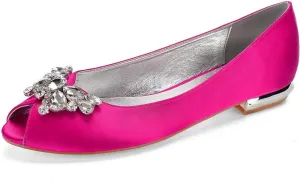 Women's Peep Toe Satin Slip On Comfy Wedding Flats for Bride Bridal Shoes for Women Rhinestones Evening Party Dress Flats