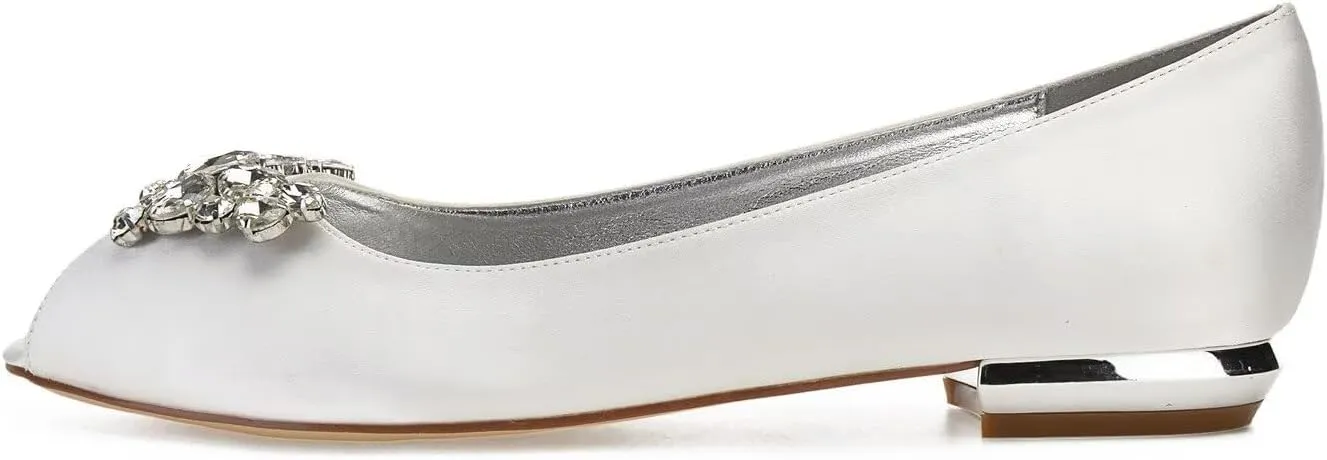 Women's Peep Toe Satin Slip On Comfy Wedding Flats for Bride Bridal Shoes for Women Rhinestones Evening Party Dress Flats