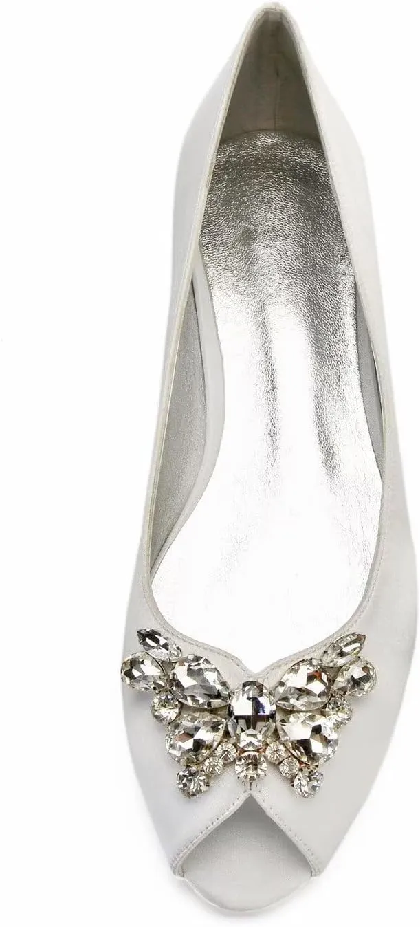 Women's Peep Toe Satin Slip On Comfy Wedding Flats for Bride Bridal Shoes for Women Rhinestones Evening Party Dress Flats