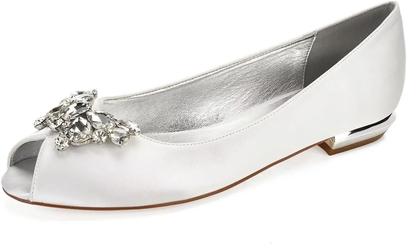 Women's Peep Toe Satin Slip On Comfy Wedding Flats for Bride Bridal Shoes for Women Rhinestones Evening Party Dress Flats