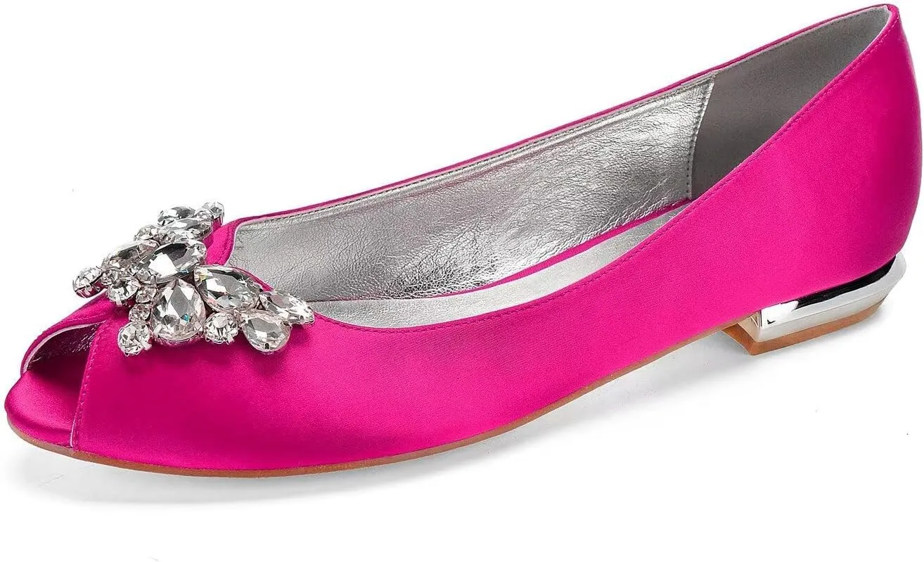 Women's Peep Toe Satin Slip On Comfy Wedding Flats for Bride Bridal Shoes for Women Rhinestones Evening Party Dress Flats