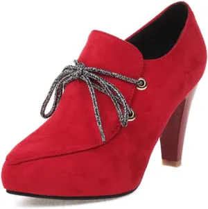 Women's Pointed Toe Lace Up Chunky High Heel Oxfords Shoes Suede Vintage Brogue Business Formal Office Work Dress Pumps