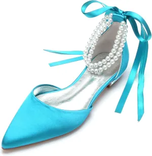 Women's Pointed Toe Wedding Flats for Bride Pearl Ankle Strap Satin Bridal Shoes Formal Prom Party Dress Pumps