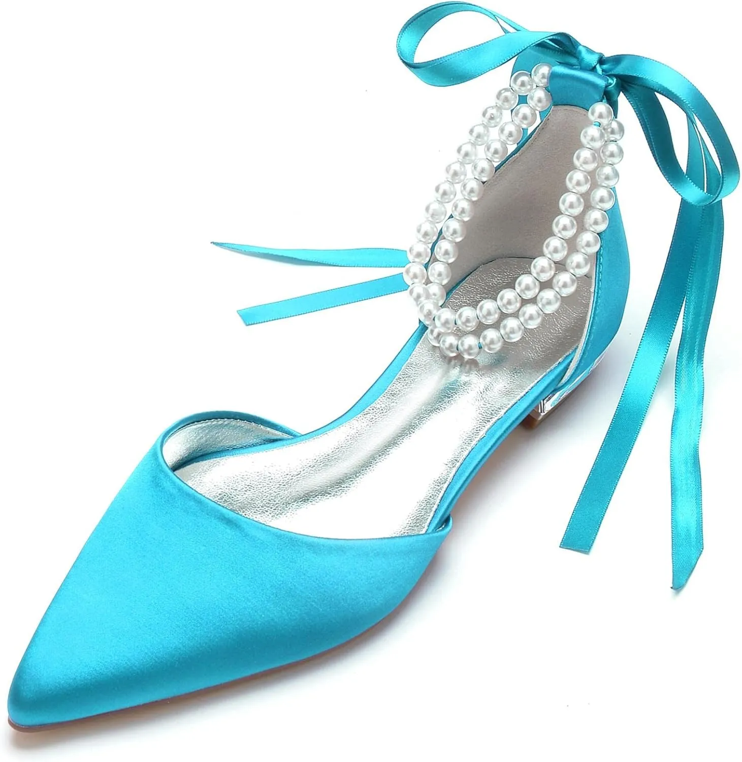 Women's Pointed Toe Wedding Flats for Bride Pearl Ankle Strap Satin Bridal Shoes Formal Prom Party Dress Pumps