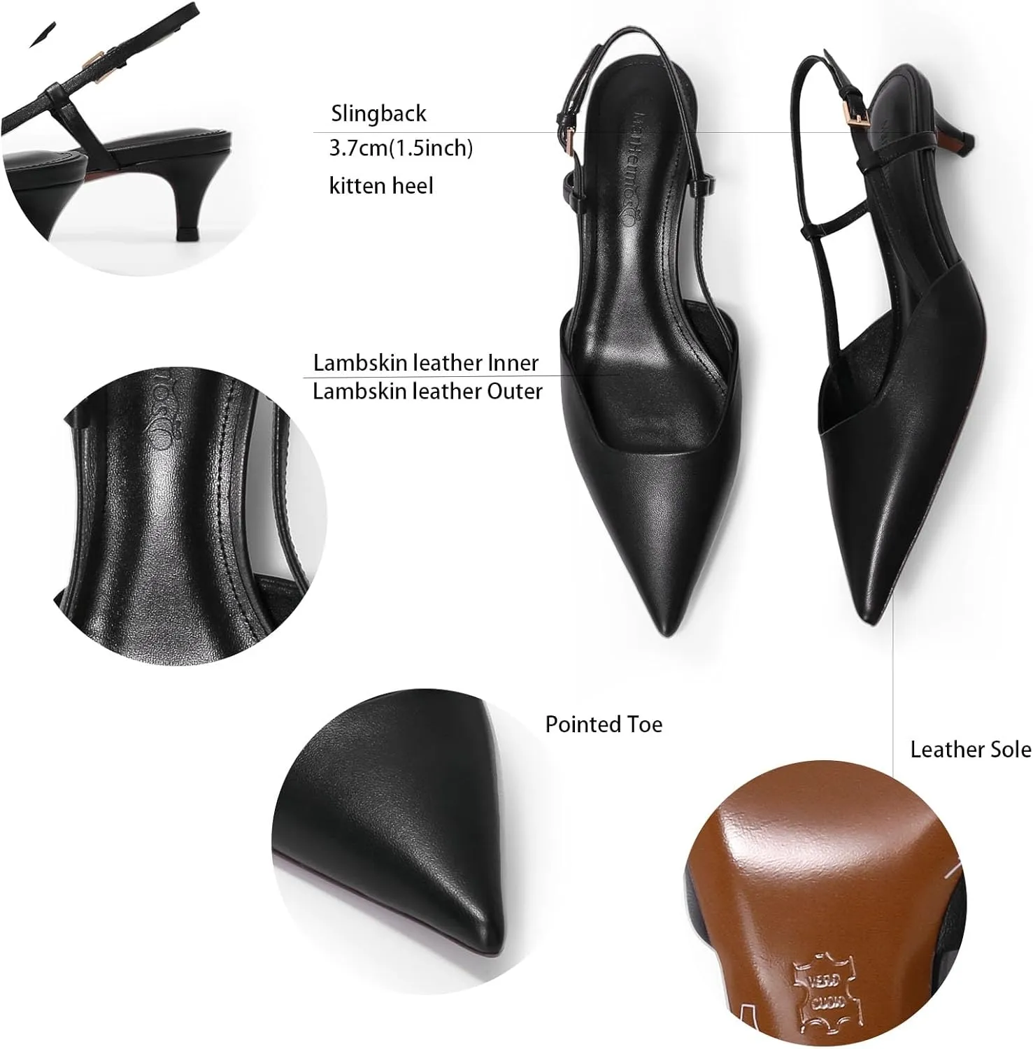 Women's Pumps Slingback Kitten Heels Closed Toe for Women Sexy Slip on Shoes Full Genuine Leather
