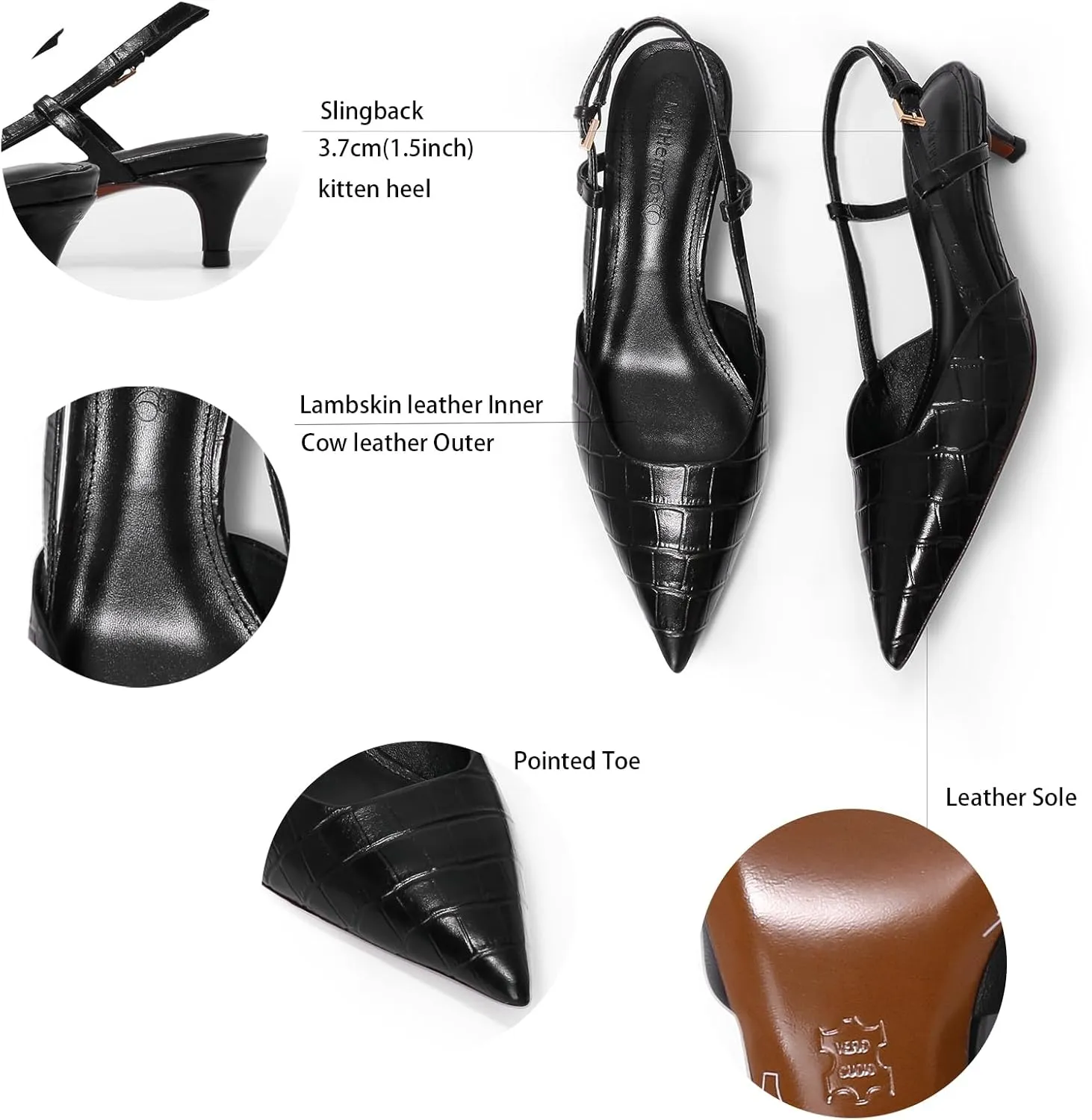 Women's Pumps Slingback Kitten Heels Closed Toe for Women Sexy Slip on Shoes Full Genuine Leather