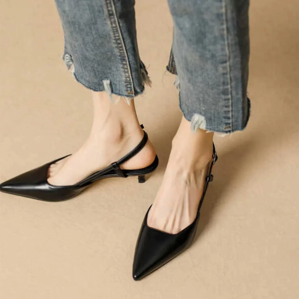 Women's Pumps Slingback Kitten Heels Closed Toe for Women Sexy Slip on Shoes Full Genuine Leather