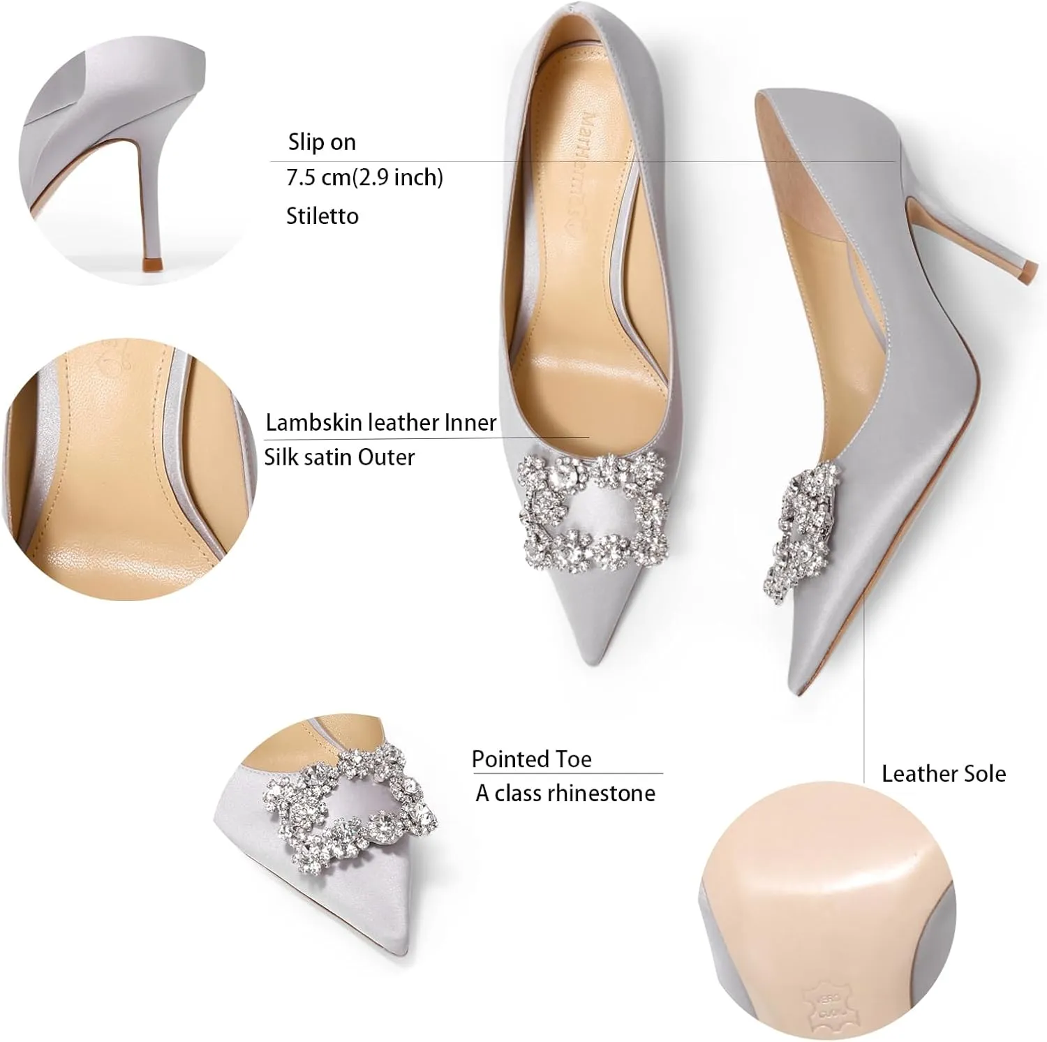 Women's Pumps Slip on Shoes Sexy Closed Toe Wedding Shoes for Bride Stiletto Rhinestone Heels Genuine Leather for Sock Liner and Sole