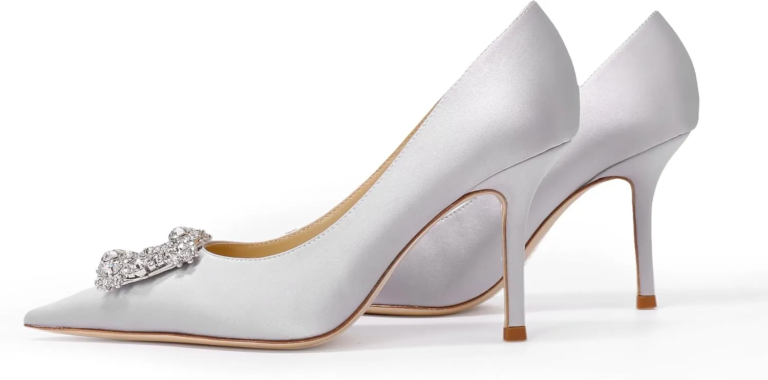 Women's Pumps Slip on Shoes Sexy Closed Toe Wedding Shoes for Bride Stiletto Rhinestone Heels Genuine Leather for Sock Liner and Sole