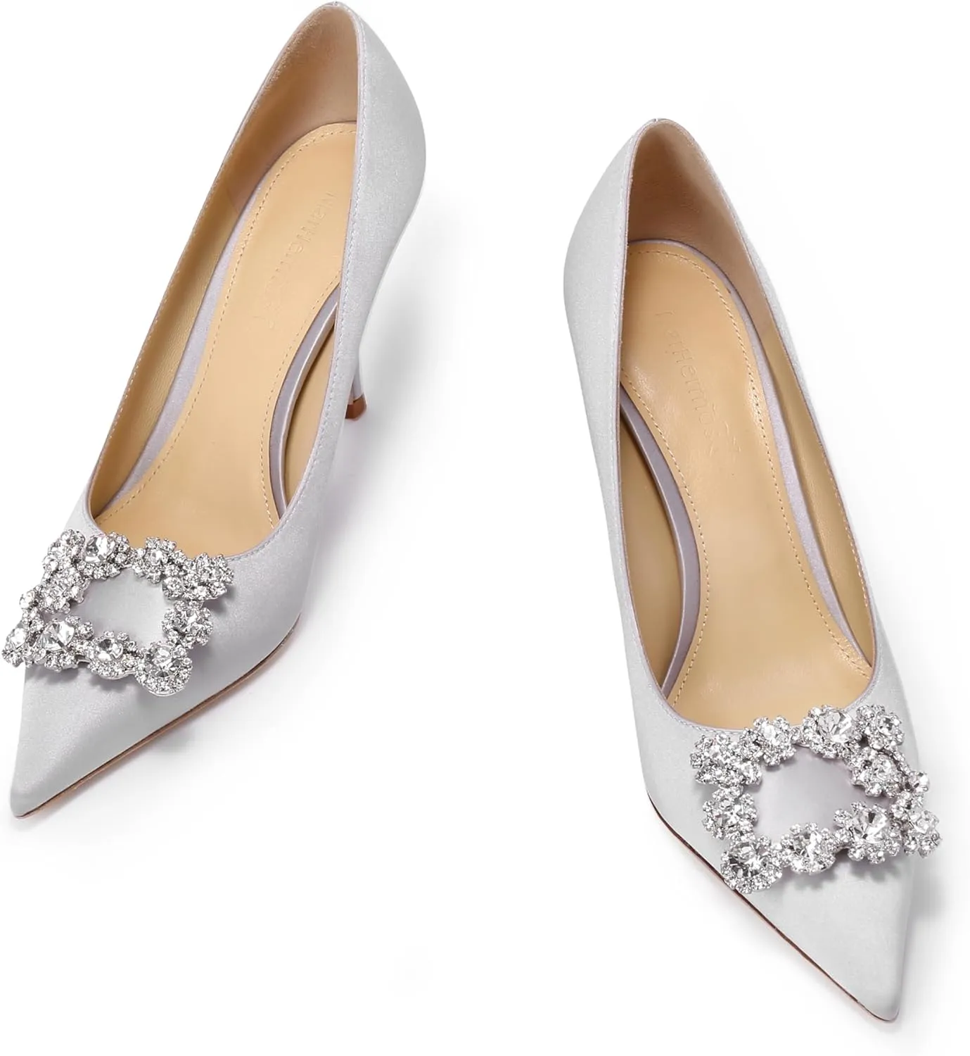 Women's Pumps Slip on Shoes Sexy Closed Toe Wedding Shoes for Bride Stiletto Rhinestone Heels Genuine Leather for Sock Liner and Sole