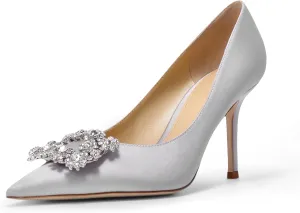 Women's Pumps Slip on Shoes Sexy Closed Toe Wedding Shoes for Bride Stiletto Rhinestone Heels Genuine Leather for Sock Liner and Sole