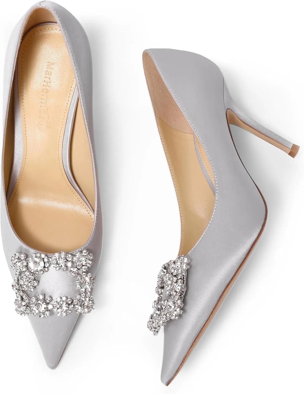 Women's Pumps Slip on Shoes Sexy Closed Toe Wedding Shoes for Bride Stiletto Rhinestone Heels Genuine Leather for Sock Liner and Sole