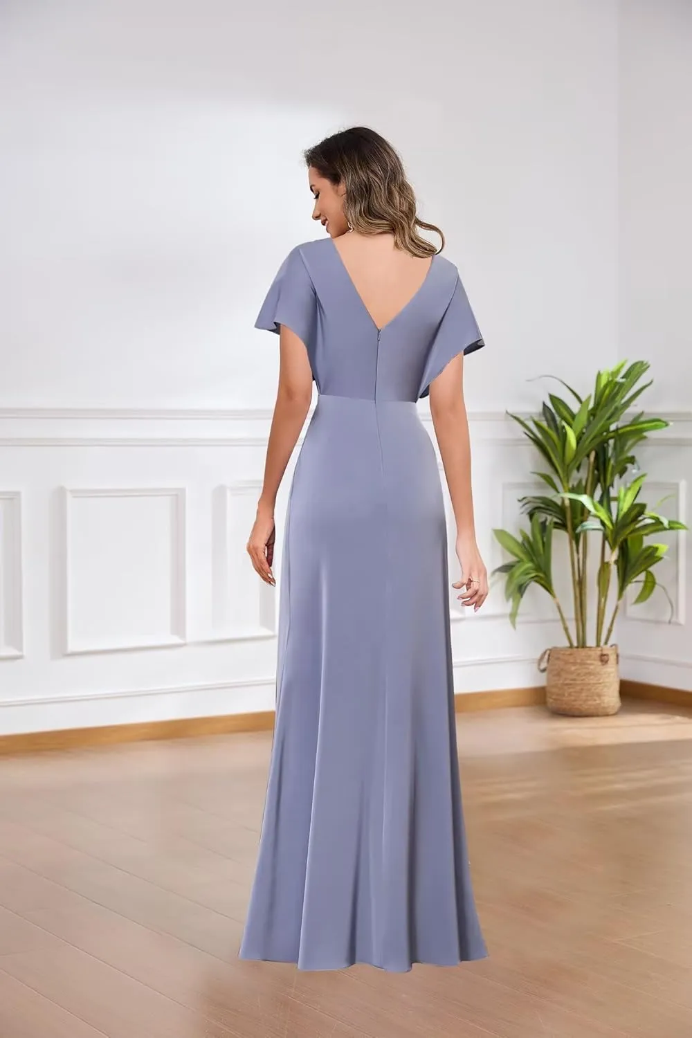 Women's Satin Mother of The Bride Dresses for Wedding V Neck Flutter Sleeve Formal Dresses
