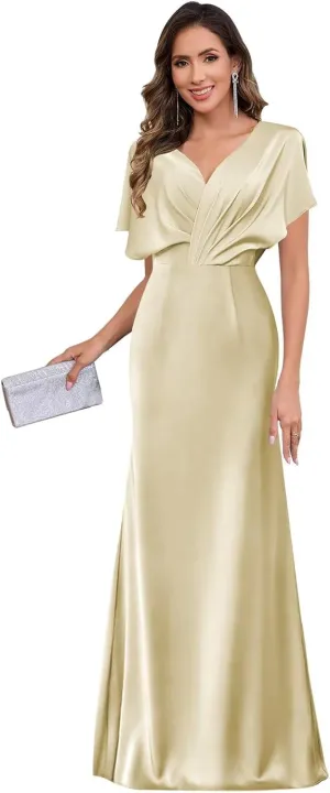 Women's Satin Mother of The Bride Dresses for Wedding V Neck Flutter Sleeve Formal Dresses