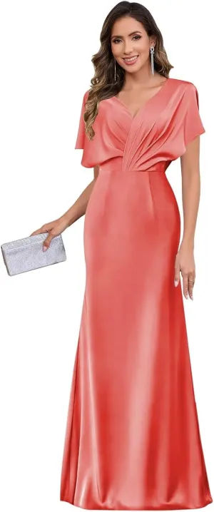 Women's Satin Mother of The Bride Dresses for Wedding V Neck Flutter Sleeve Formal Dresses