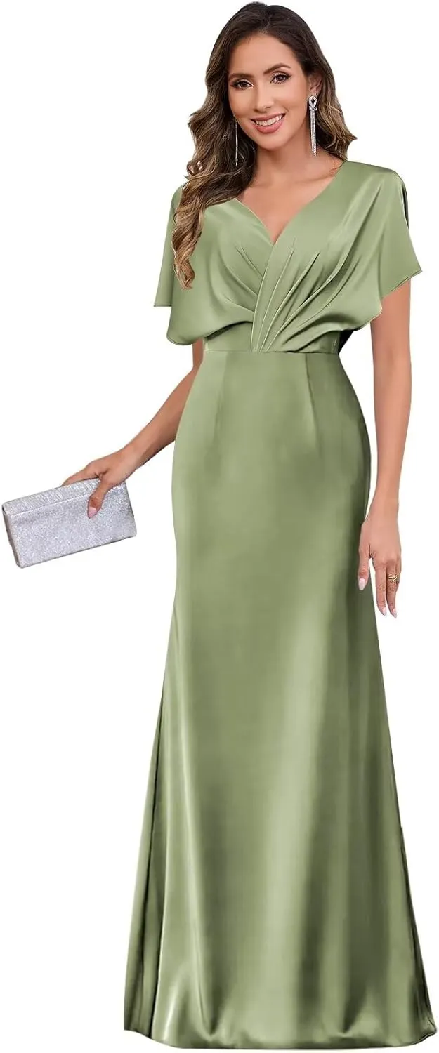 Women's Satin Mother of The Bride Dresses for Wedding V Neck Flutter Sleeve Formal Dresses