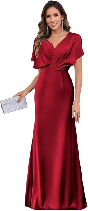 Women's Satin Mother of The Bride Dresses for Wedding V Neck Flutter Sleeve Formal Dresses