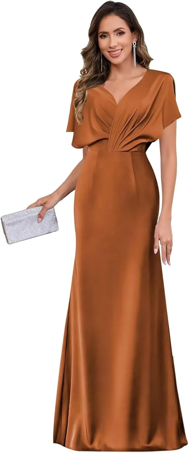 Women's Satin Mother of The Bride Dresses for Wedding V Neck Flutter Sleeve Formal Dresses