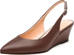 Womens Slingback Pumps Shoes, Pointed Toe Wedge Mid Heel Slingbacks Leather Insole Shoes for Women 2"