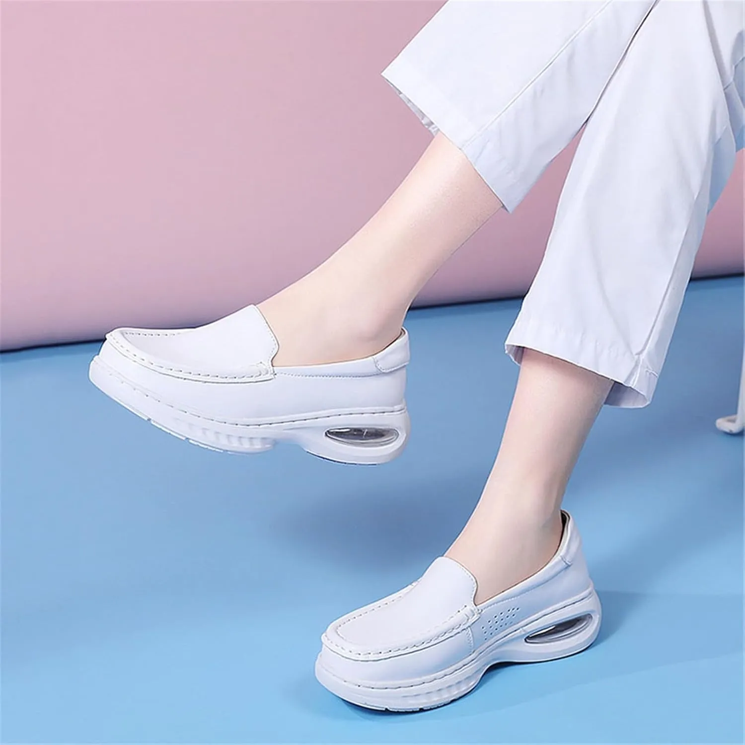 Women's Slip on Mesh Breathable Comfortable Leather Working Nurse Shoes, Fashion Air Cushion Orthopedic Platform Moccasin, for Medical Workers, Doctors, Healthcare Providers