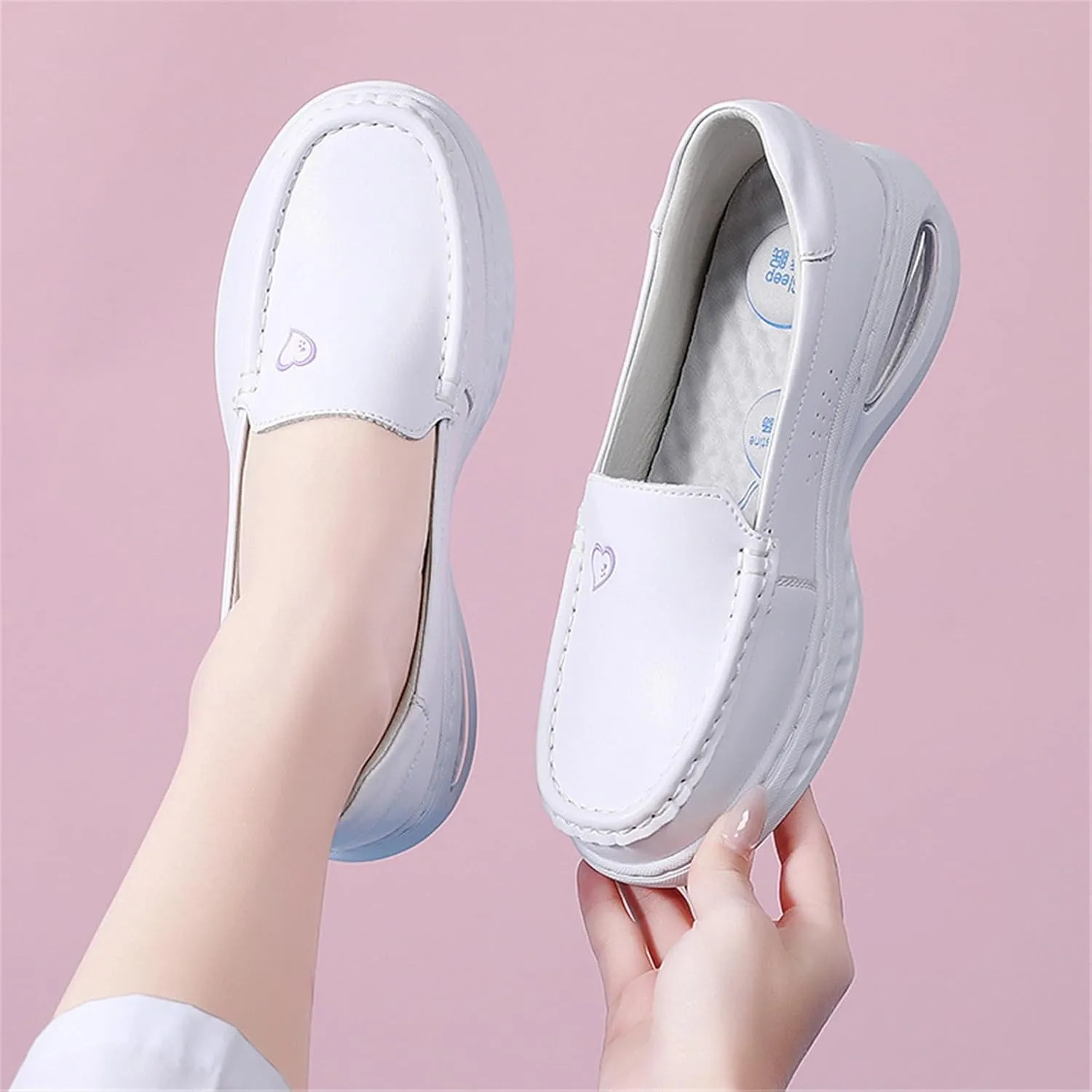 Women's Slip on Mesh Breathable Comfortable Leather Working Nurse Shoes, Fashion Air Cushion Orthopedic Platform Moccasin, for Medical Workers, Doctors, Healthcare Providers