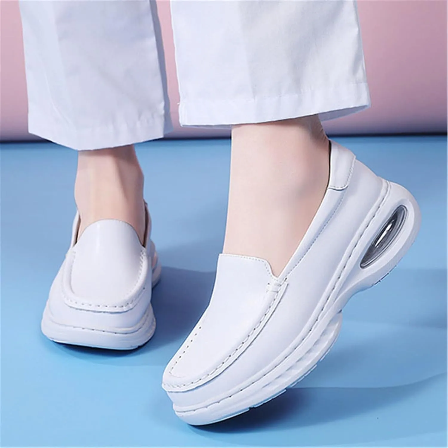 Women's Slip on Mesh Breathable Comfortable Leather Working Nurse Shoes, Fashion Air Cushion Orthopedic Platform Moccasin, for Medical Workers, Doctors, Healthcare Providers
