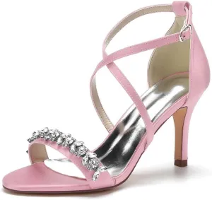 Womens Wedding Shoes Heels for Women Open Toe Buckle Ankle Strap Kitten Heels for Women Pump Block Sandals 3.34 inches Silver Black White Nude for Party Wedding(Pink,7)
