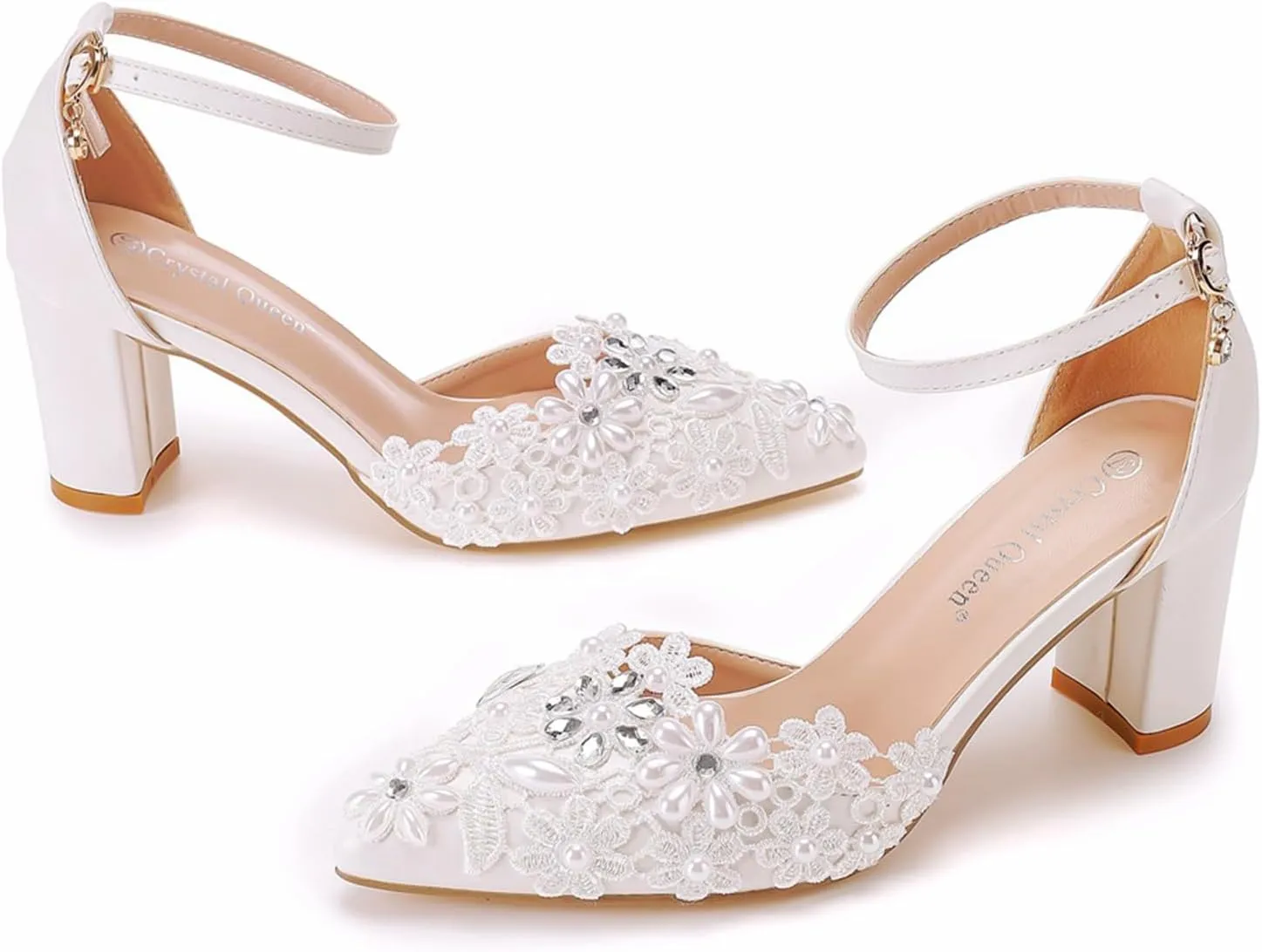 Women's Wedding Shoes Rhinestones Chunky High Heels, Lace Bridal Shoes,Womens Office Ladies Pointed Toe Pumps Shoes7cm