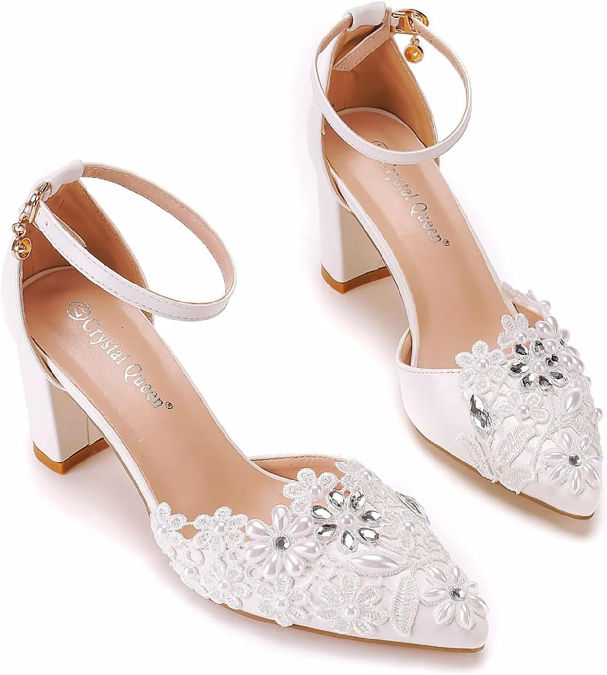 Women's Wedding Shoes Rhinestones Chunky High Heels, Lace Bridal Shoes,Womens Office Ladies Pointed Toe Pumps Shoes7cm