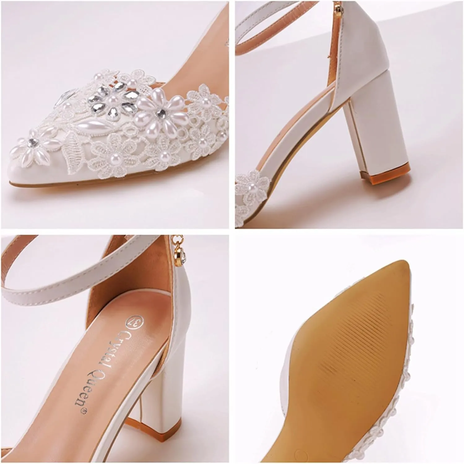 Women's Wedding Shoes Rhinestones Chunky High Heels, Lace Bridal Shoes,Womens Office Ladies Pointed Toe Pumps Shoes7cm